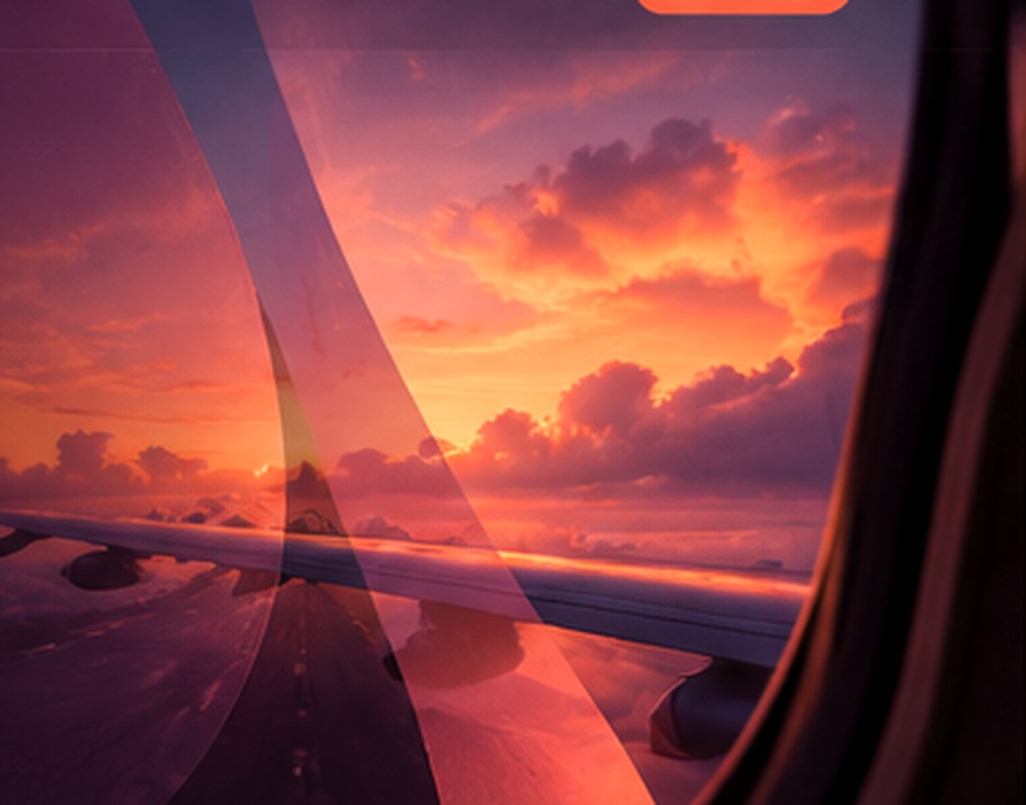 Aircraft wing above clouds at sunset, from Verbistry brand artwork